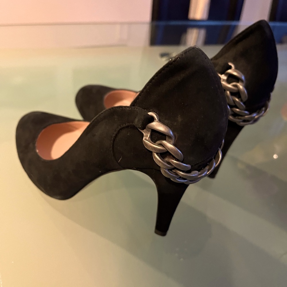 Audrey Brooke black suede chain heels